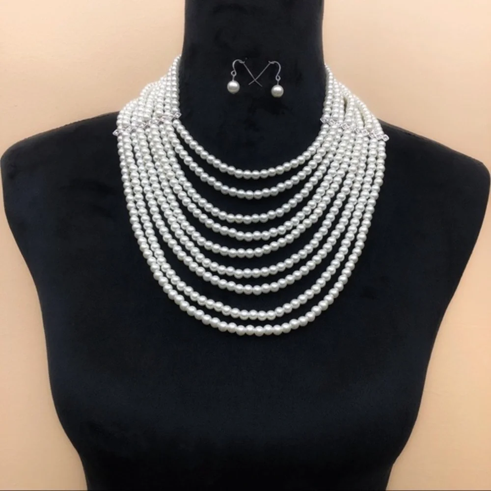 9 Row Layered Pearl Statement Necklace & Earrings Set